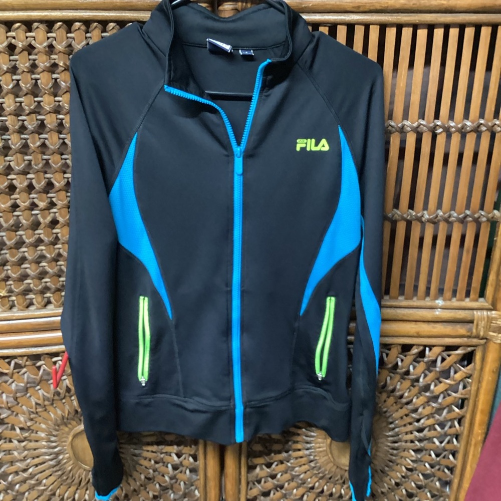 Fila Men's Black Jacket with Blue and Green Accents